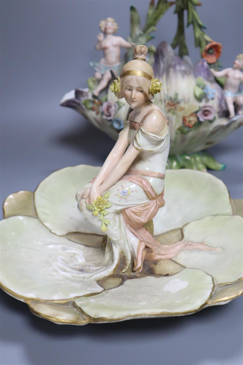 A Victorian Royal Worcester figural centrepiece, 20cm high, restored, an Austrian serving dish with central seated maiden, and a Contin